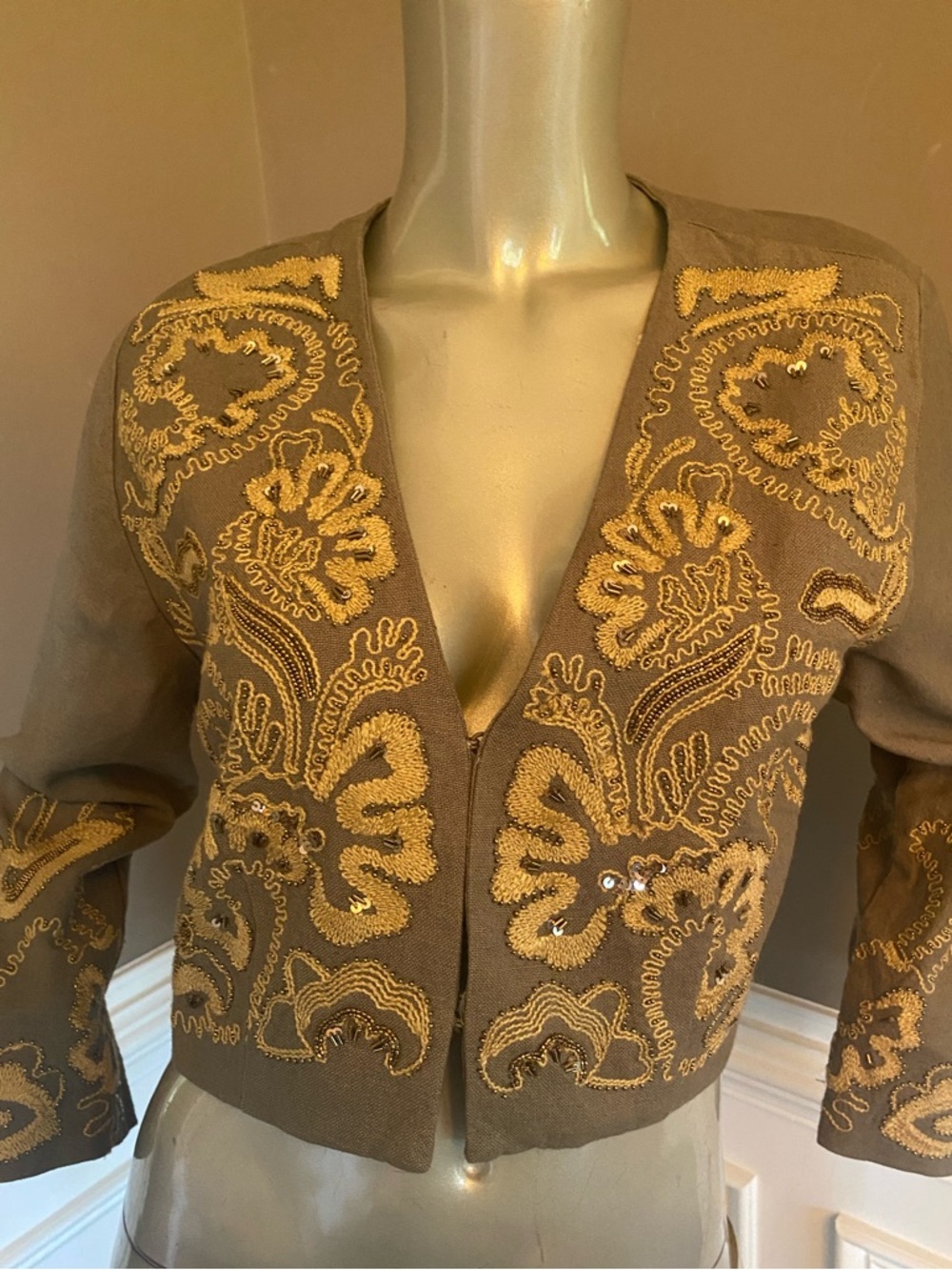 NWT Soft Surroundings Embellished Olive and Gold V-Neck Women's Crop Jacket sz S